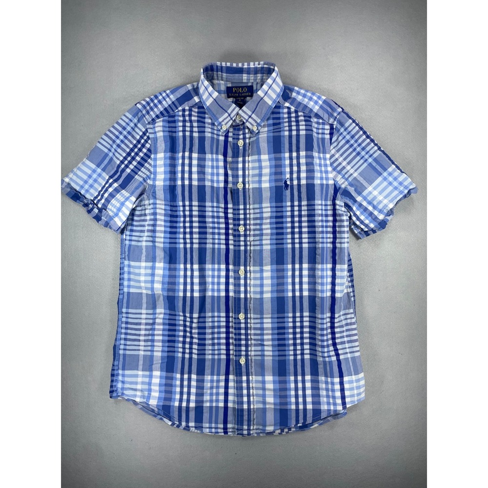 Polo Ralph Lauren Boys Blue Plaid Short Sleeve Seersucker Button Down L‎ 14-16